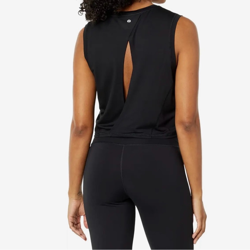 Open back, black crop tank.